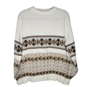 Vintage 70s Kingsport Ski Geometric Pattern Sweater Size XL in Cream Tan Black